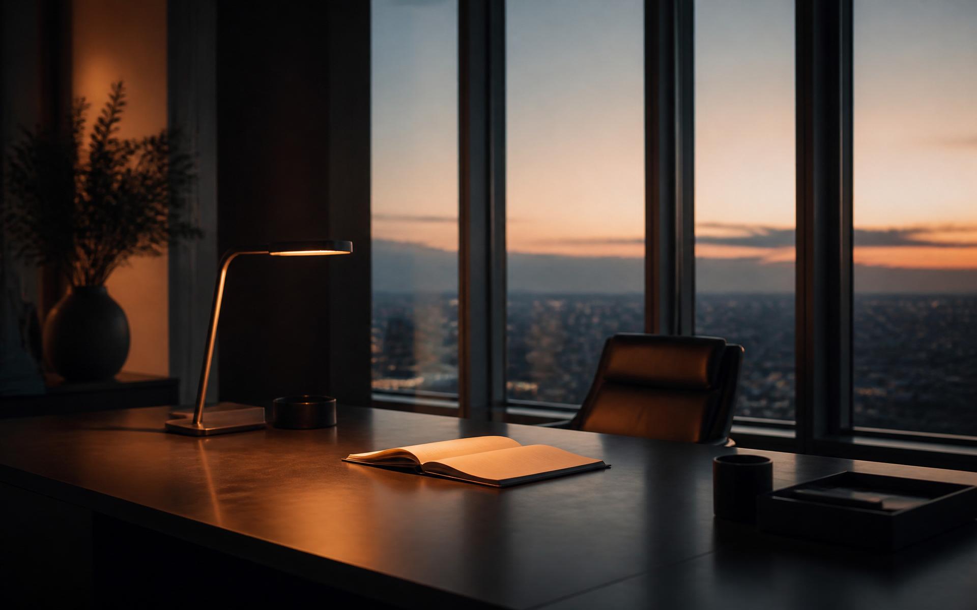 Warm executive workspace at dusk with an open notebook and city view