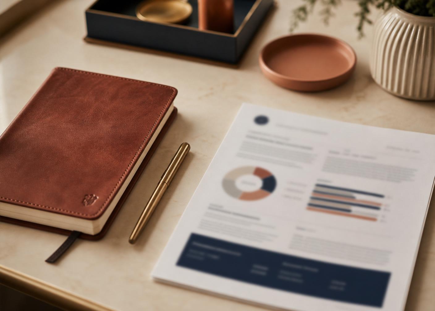 Leather notebook, pen, and printed assessment report on a warm desk