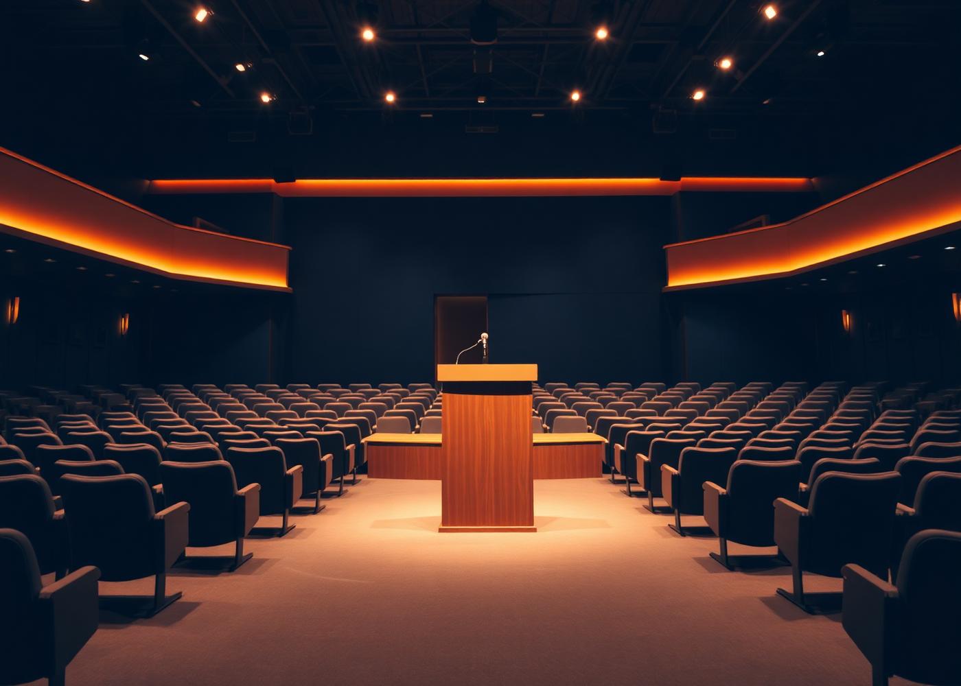 Empty modern keynote stage with a single wooden lectern lit warmly
